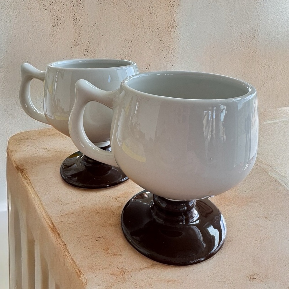 Vintage HALL Pottery White and Brown Footed Pedestal Mug Cup (Set of 2)